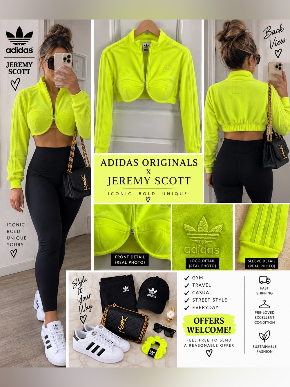 adidas Neon Yellow Cropped Zip-Front Long Sleeve Top with Bust Seams